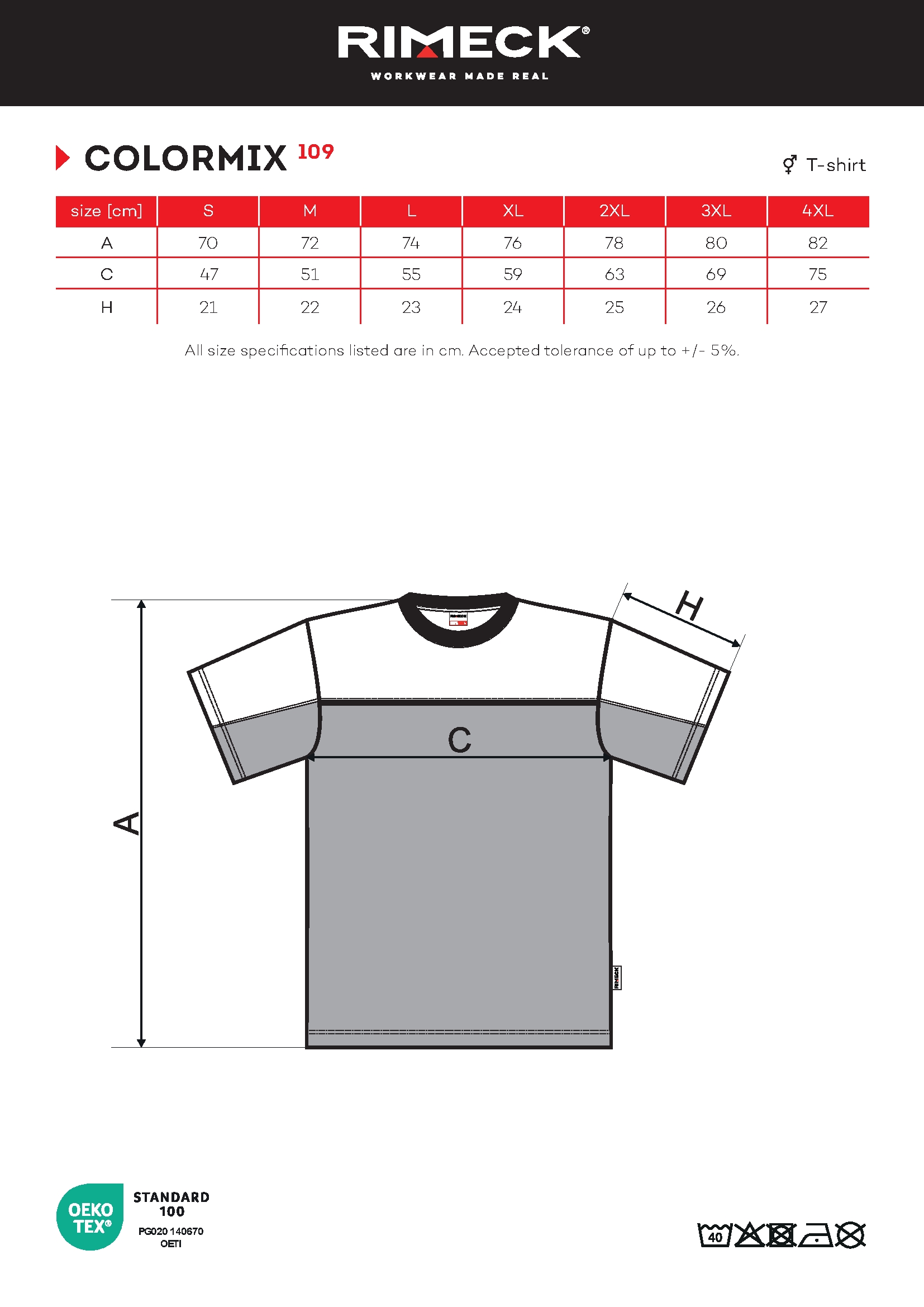 Tabulka velikostí produktu Tričko unisex Colormix 109 černá