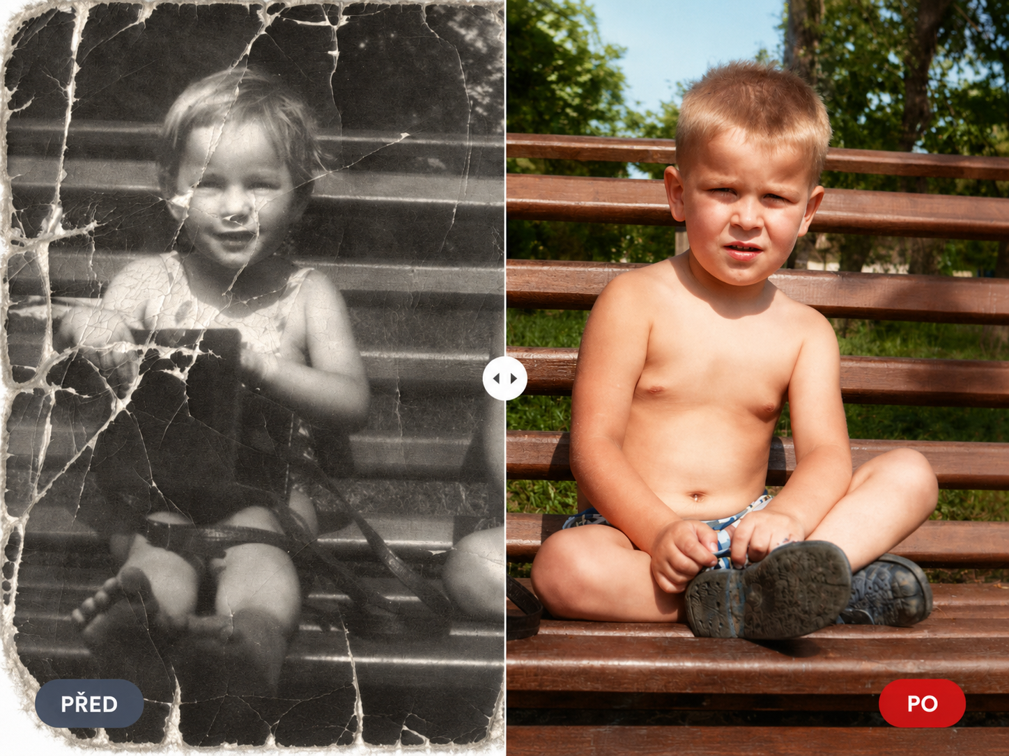 Obnova fotografie — poškozená stará fotografie a obnovená verze